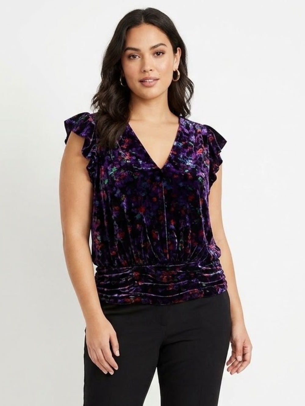 Ramy Brook Deep Purple Velvet Floral V-Neck Blouse Small